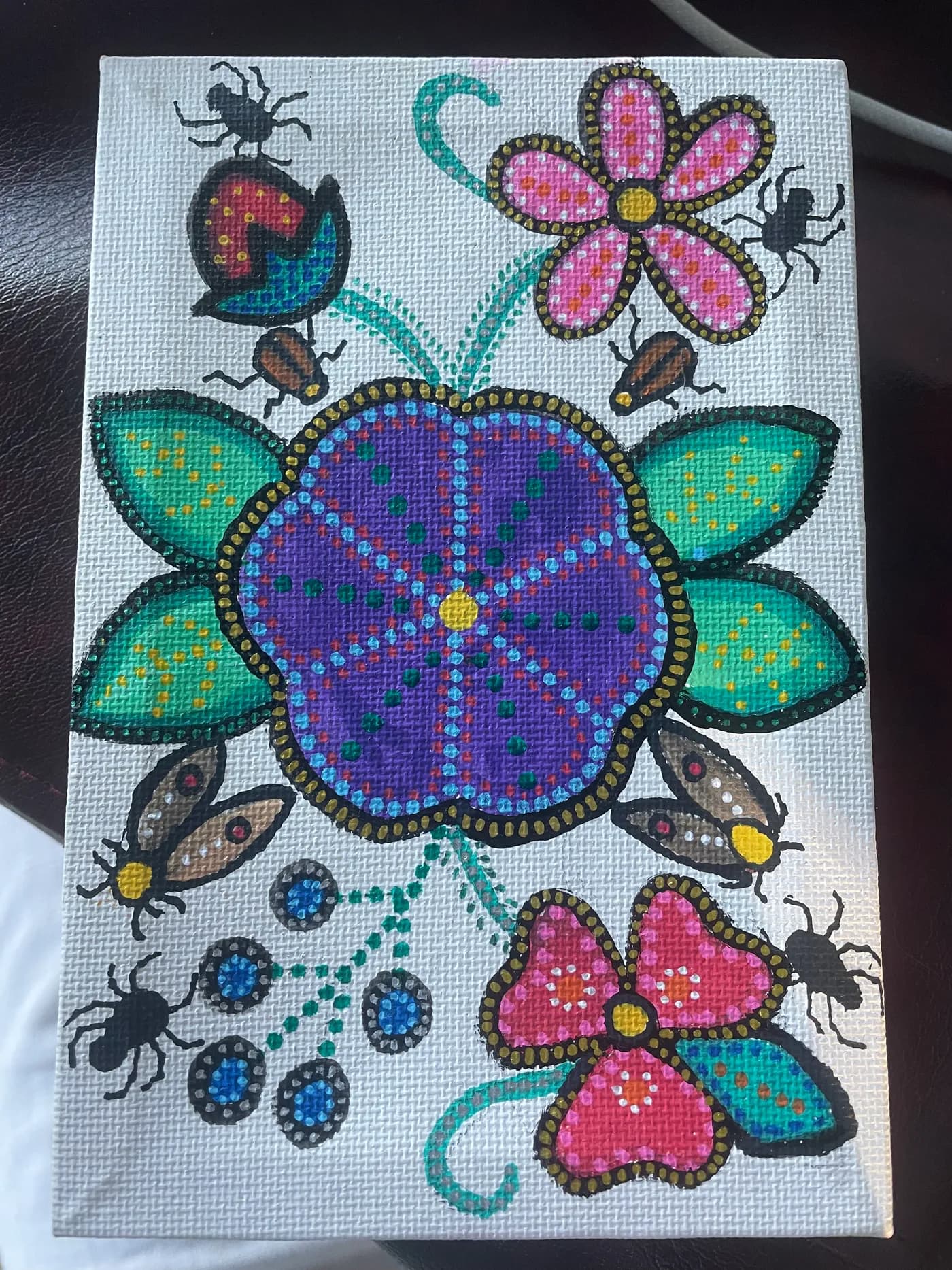 Large purple flower with beetles in dot art