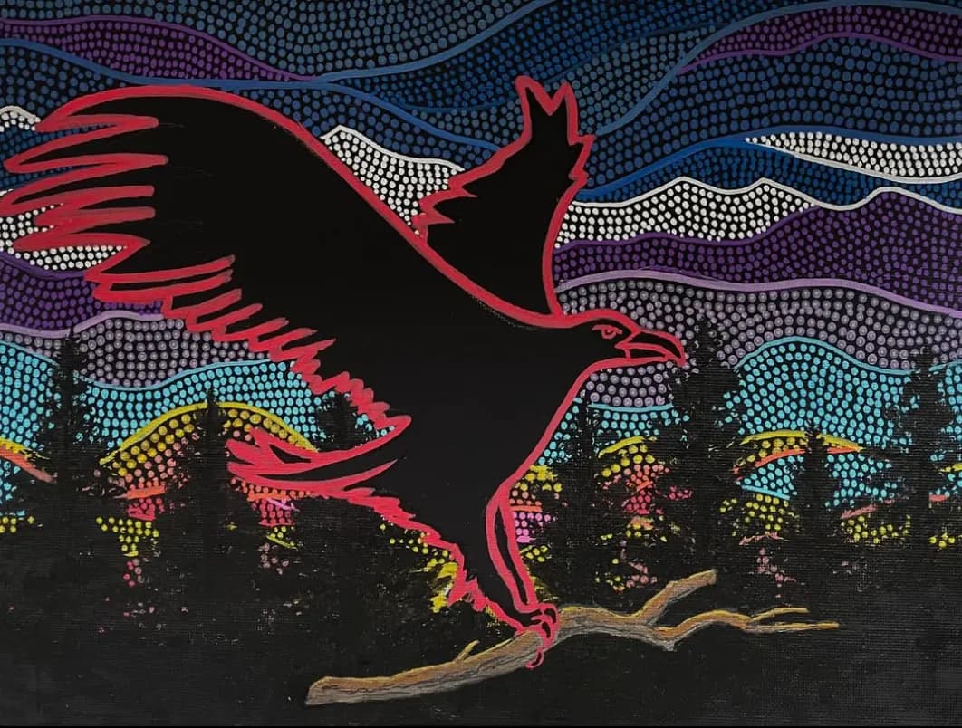 Dot painting of an eagle against northern lights and trees